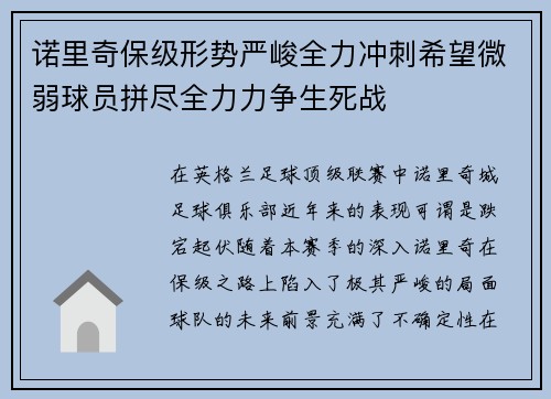 诺里奇保级形势严峻全力冲刺希望微弱球员拼尽全力力争生死战